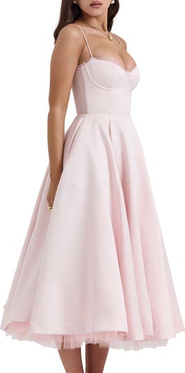 Mademoiselle Bustier Stretch Satin Midi Dress