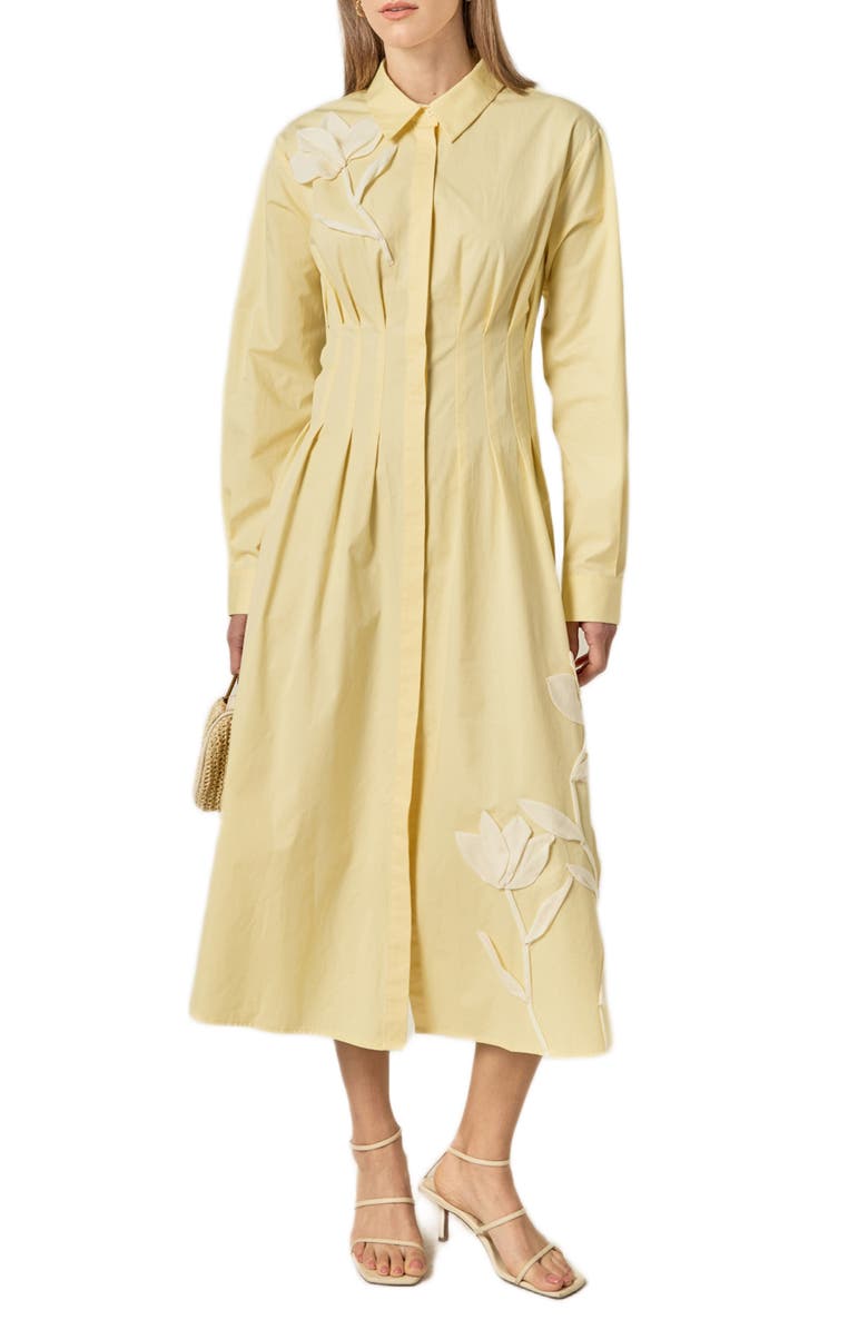 English Factory Floral Appliqué Pintuck Long Sleeve Cotton Shirtdress, Main, color, Butter Yellow