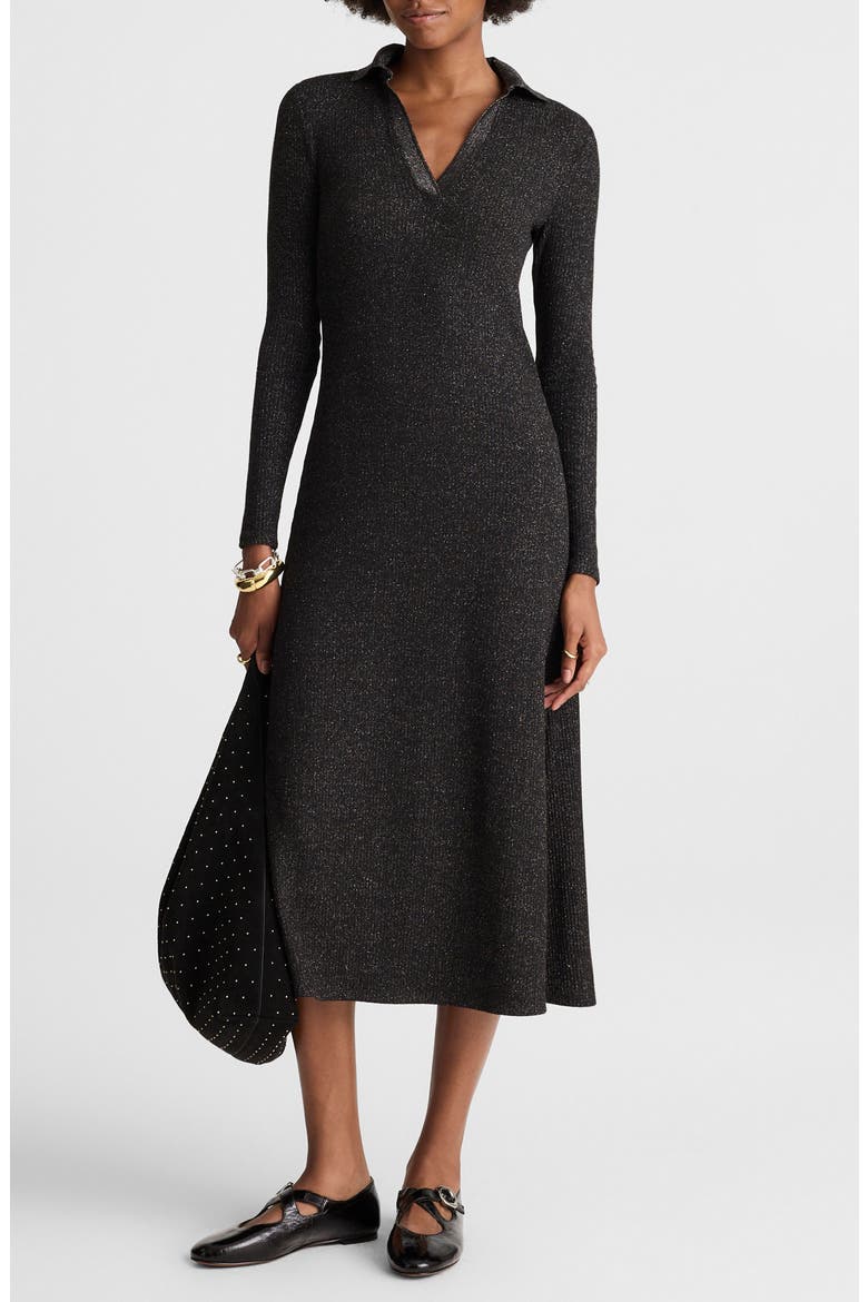 Ribbed Y-Neck Polo Maxi Dress, Main, color, LUREX BLACK