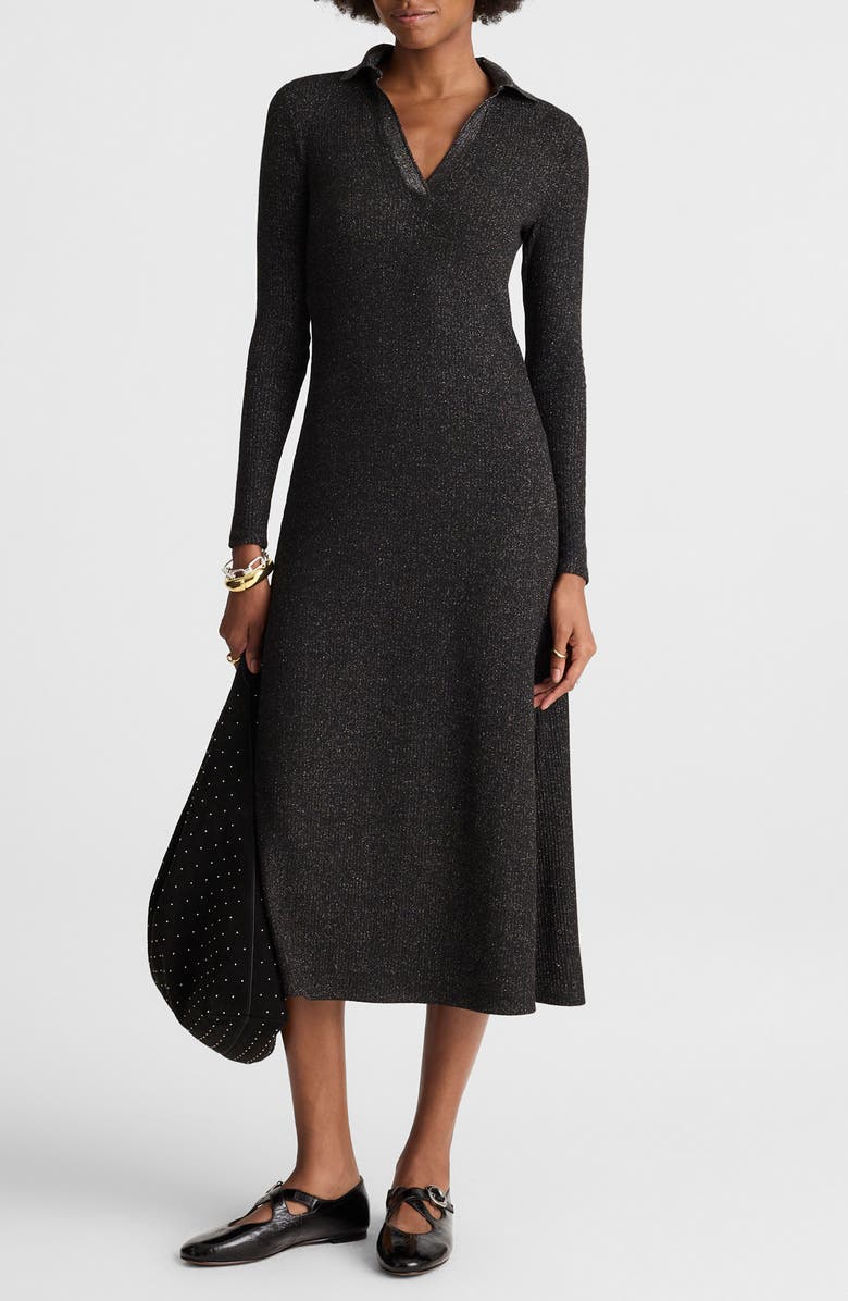 Madewell Ribbed Y-Neck Polo Maxi Dress, Main, color, Lurex Black