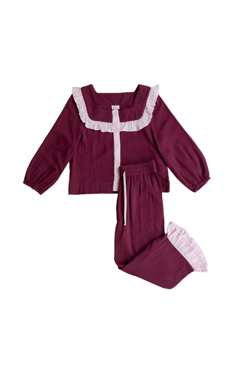 Cotton Cropped Leg Ruffle Pajamas, Main, color, Burgundy Ruffle
