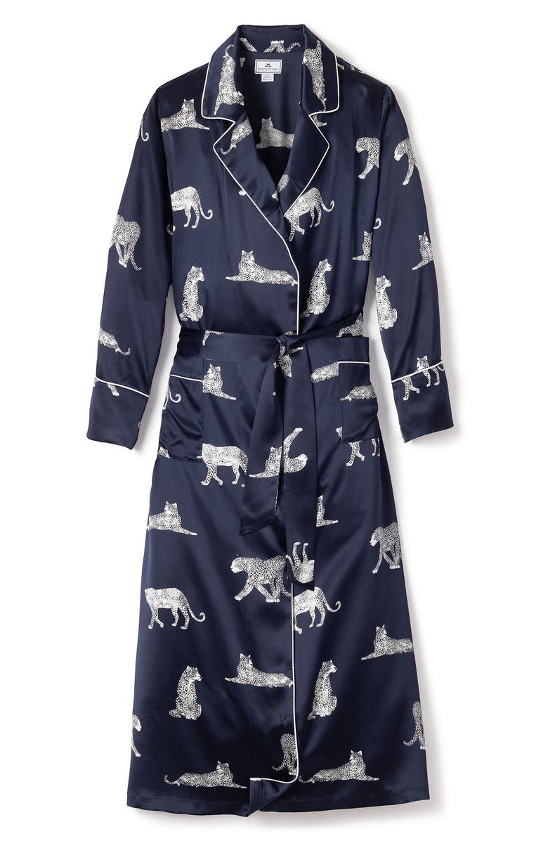 Petite Plume Panthre de Nuit Piped Silk Robe, Alternate, color, Navy