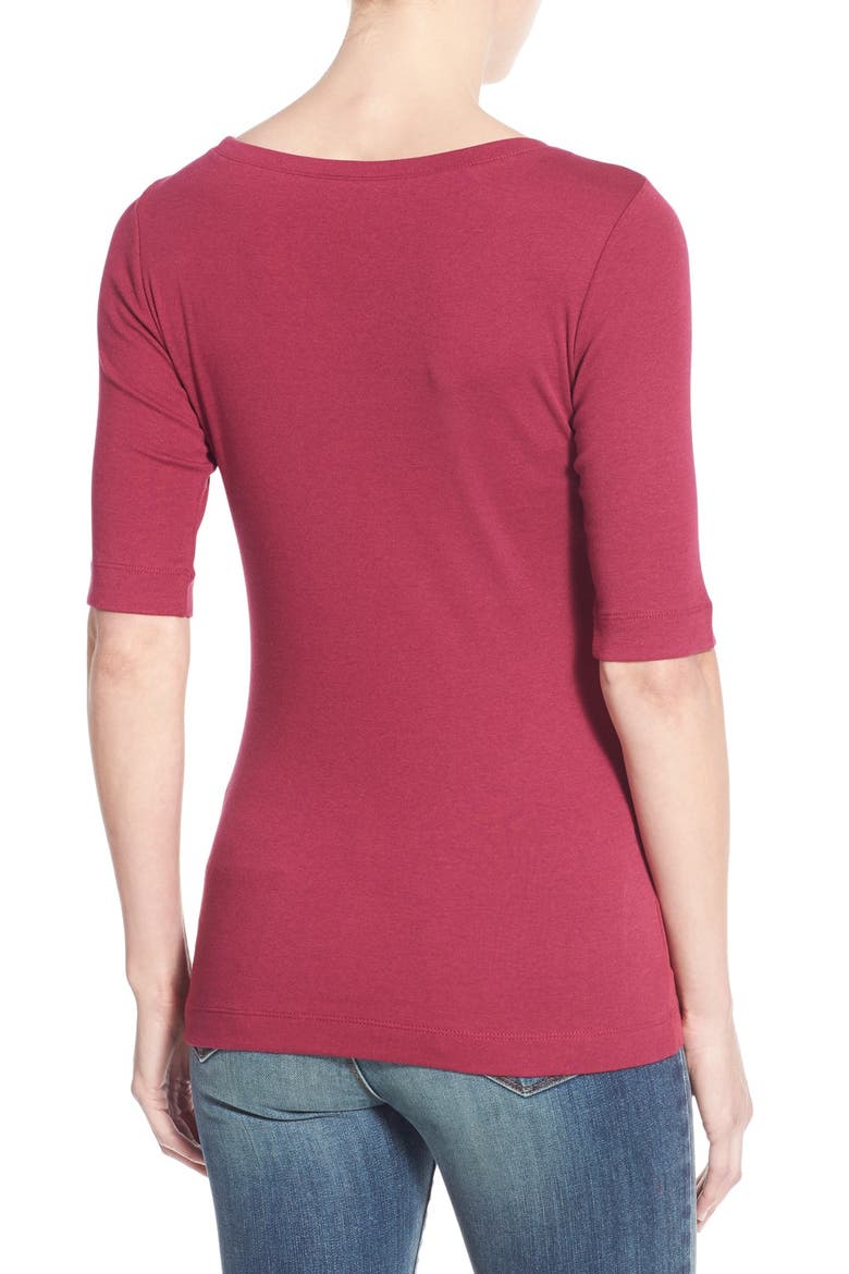Ballet Neck Cotton & Modal Knit Elbow Sleeve Tee, Alternate, color, PURPLE FUCHSIA