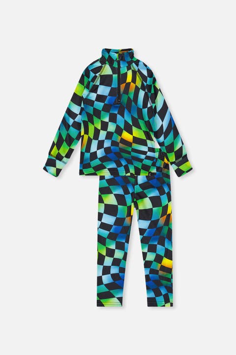 Two Piece Checkered Brushed Half-Zip Top & Pants Thermal Underwear