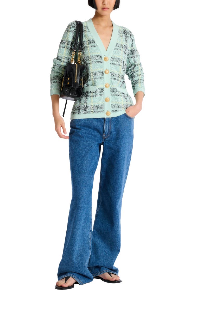 Balmain Loose glitter tweed cardigan, Alternate, color, Green