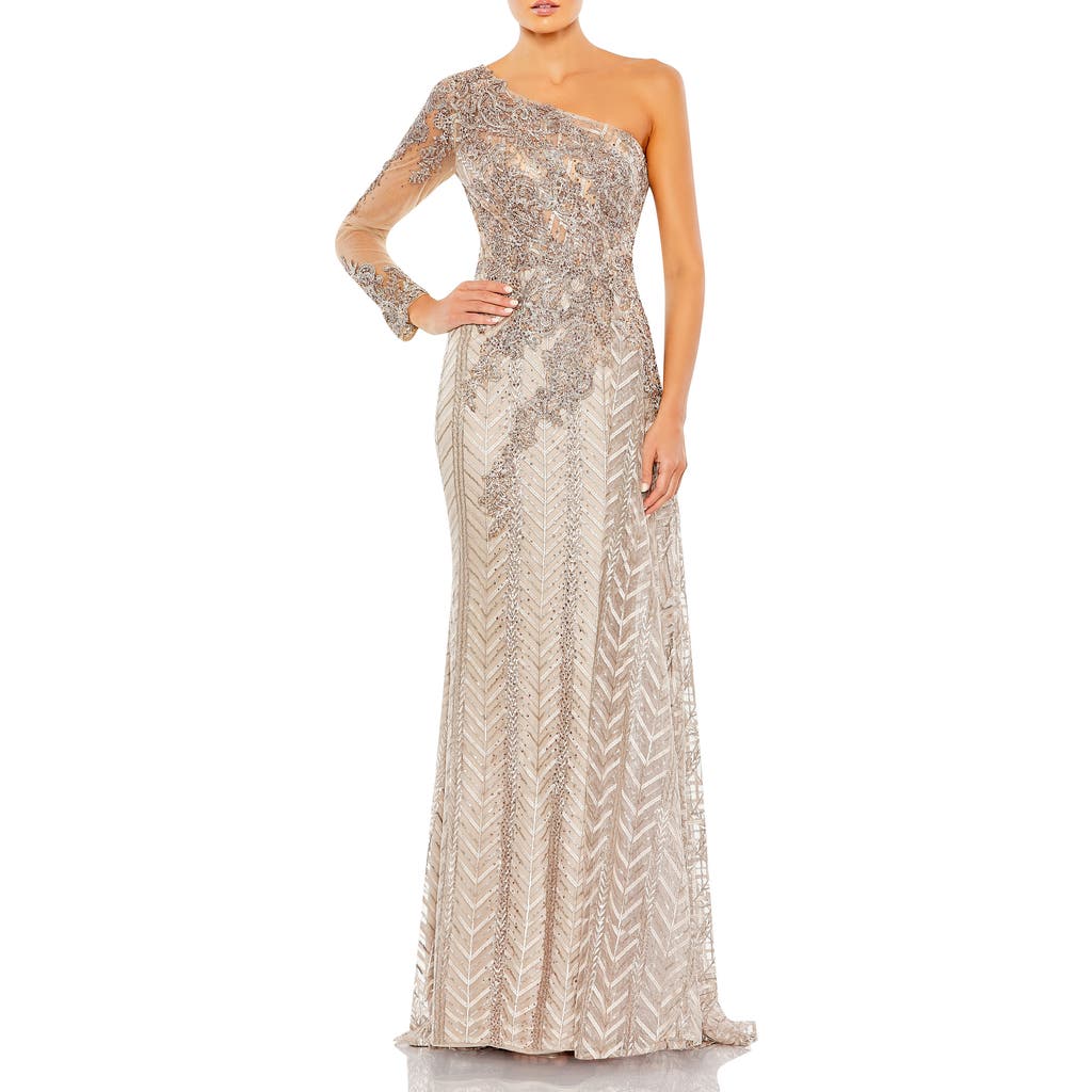 MAC DUGGAL MAC DUGGAL HAND-EMBELLISHED GOWN WITH FLORAL BEADED MESH & CHEVRON SEQUIN DETAILING