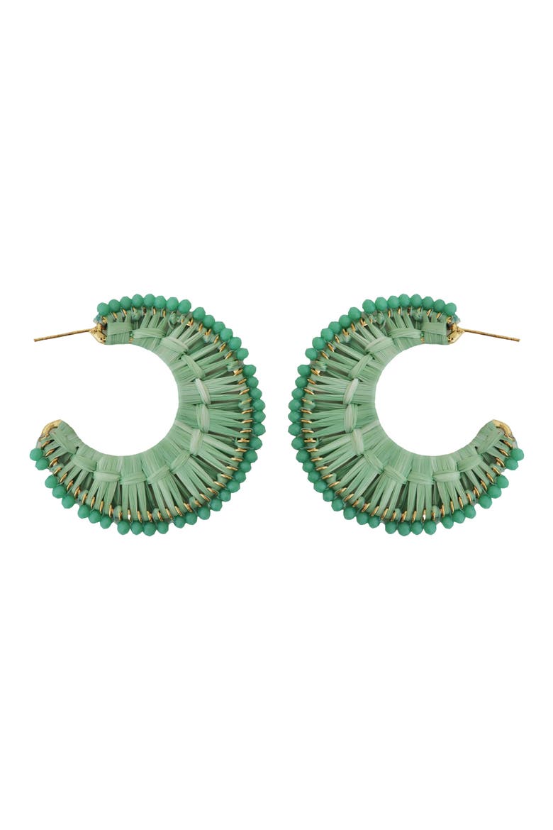 Mint Crystal Raffia Wrapped Hoop Earrings, Main, color, MINT