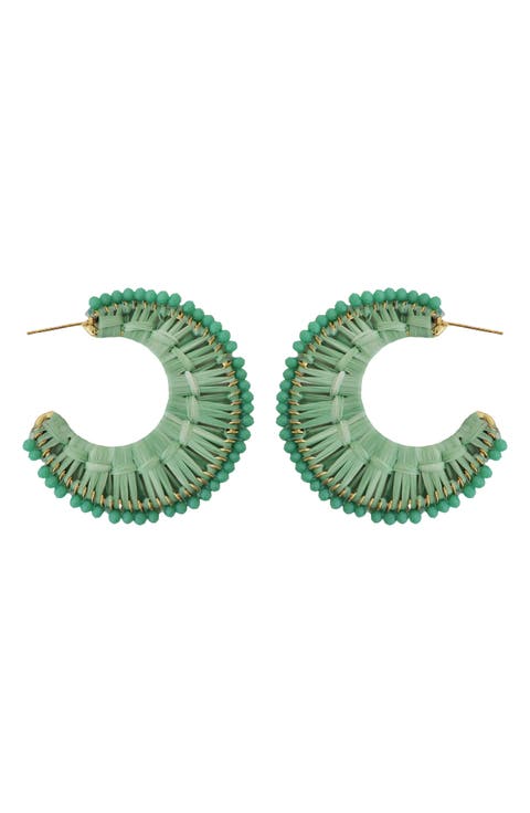 Mint Crystal Raffia Wrapped Hoop Earrings