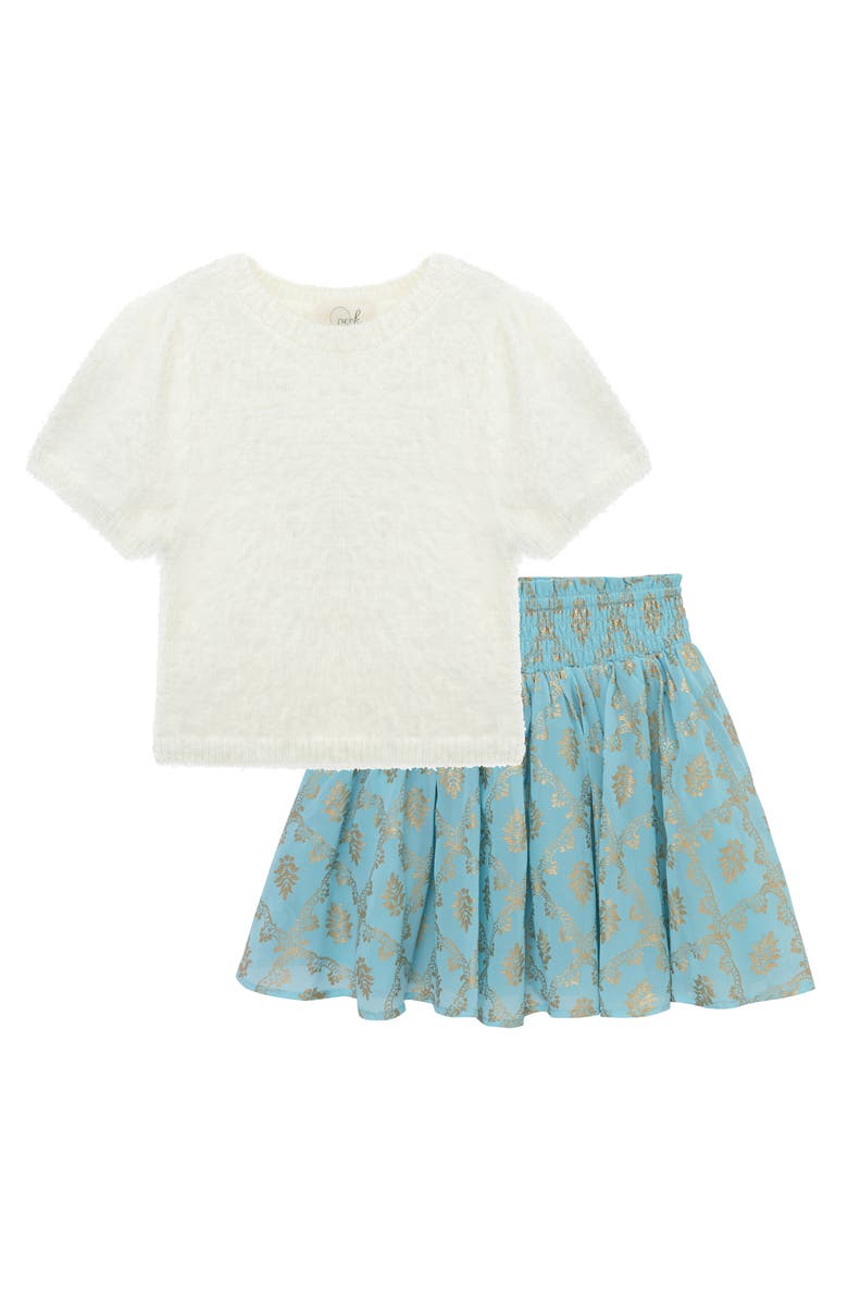 Peek Aren't You Curious Kids' Fuzzy Sweater & Metallic Print Skirt Set, Main, color, Off-White