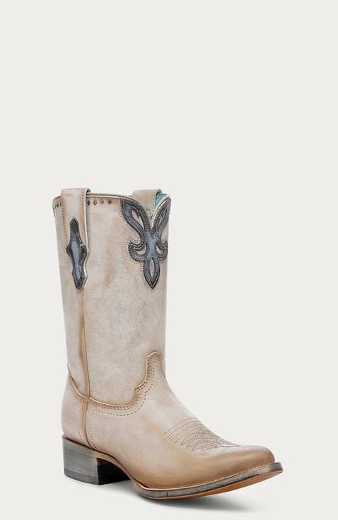 Cowhide Embroidered Overlay Studded Round Toe Western Boots