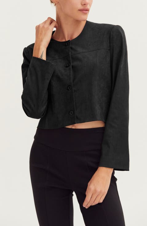 Faux Suede Collarless Cropped Jacket