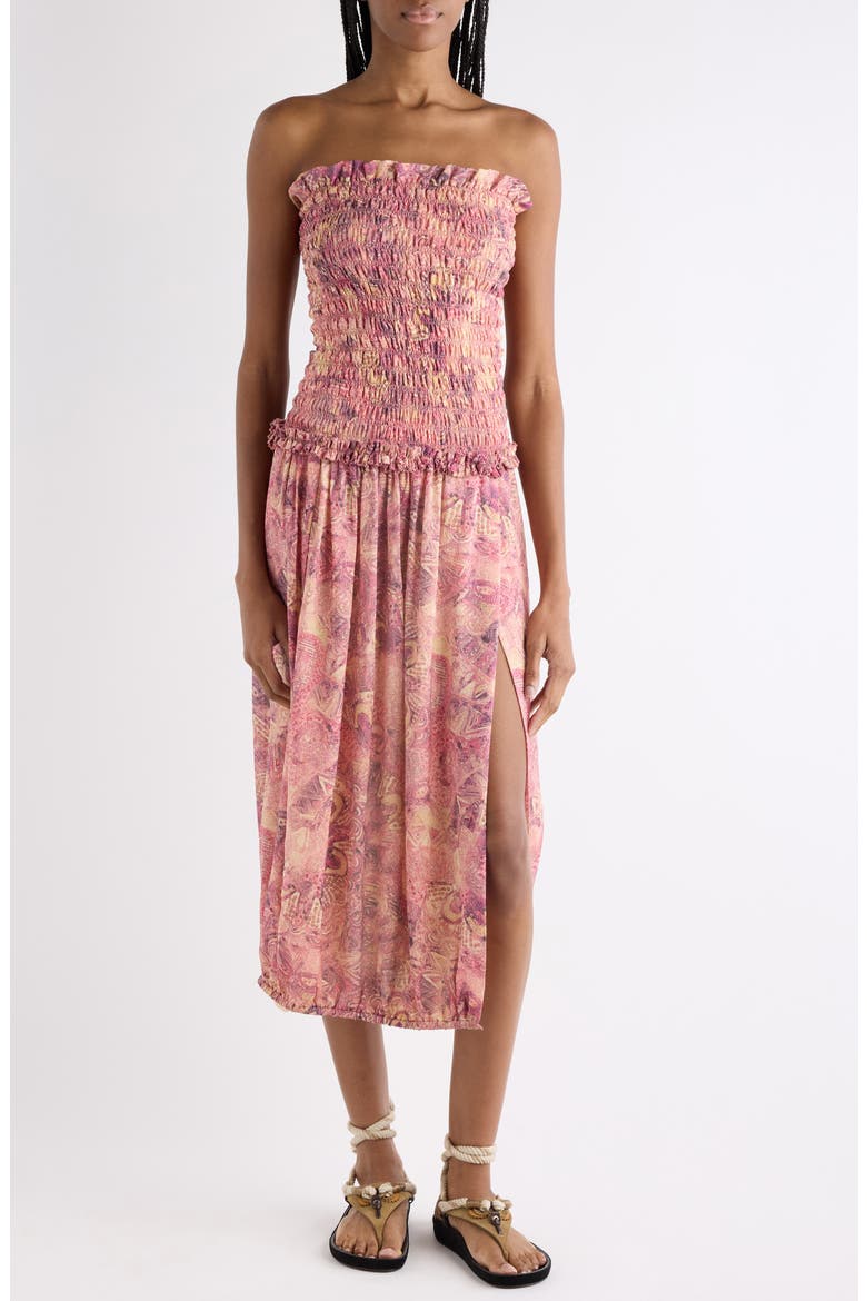 Cleane Print Smocked Strapless Silk Midi Dress, Main, color, PINK