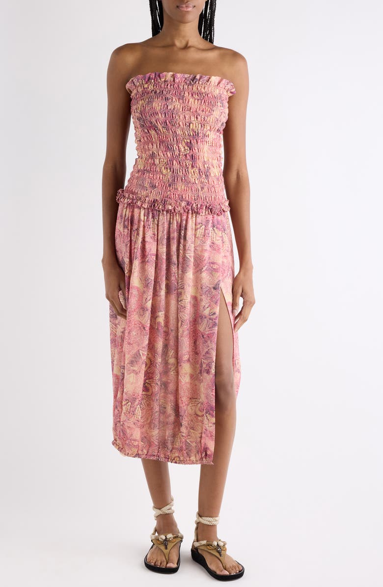 Isabel Marant Cleane Print Smocked Strapless Silk Midi Dress, Main, color, Pink