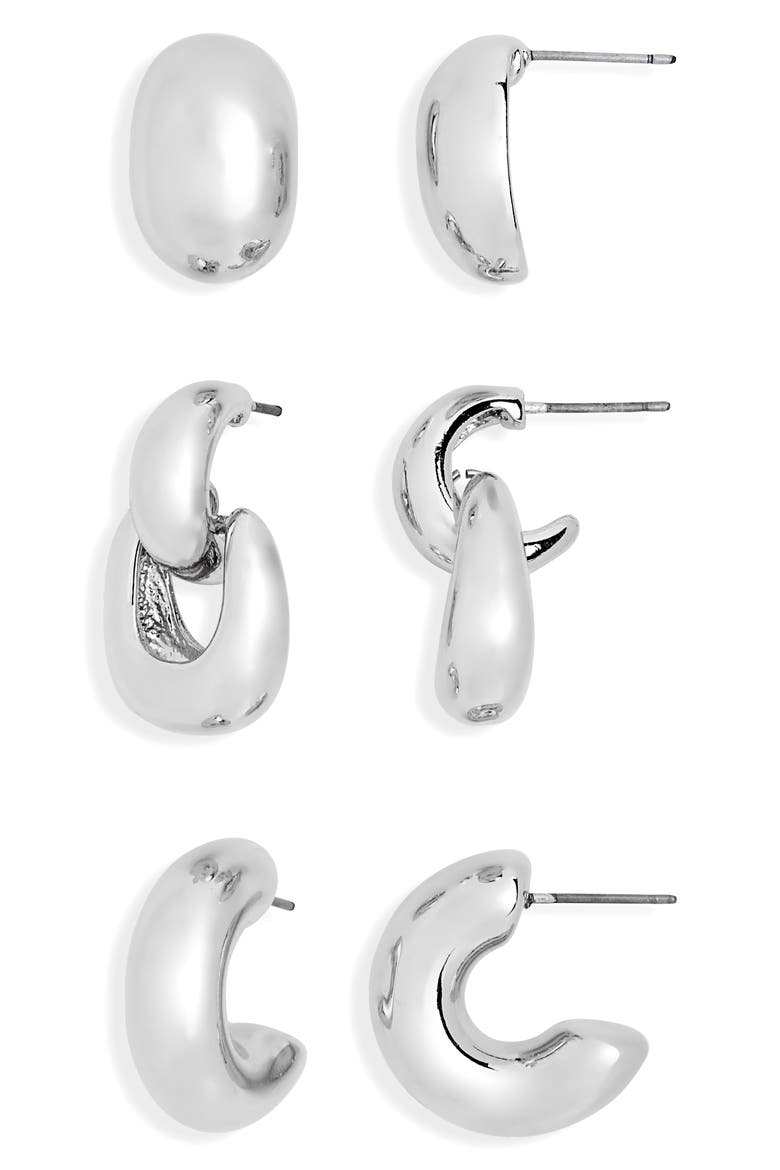 Set of 3 Stud & Hoop Earrings, Main, color, SILVER