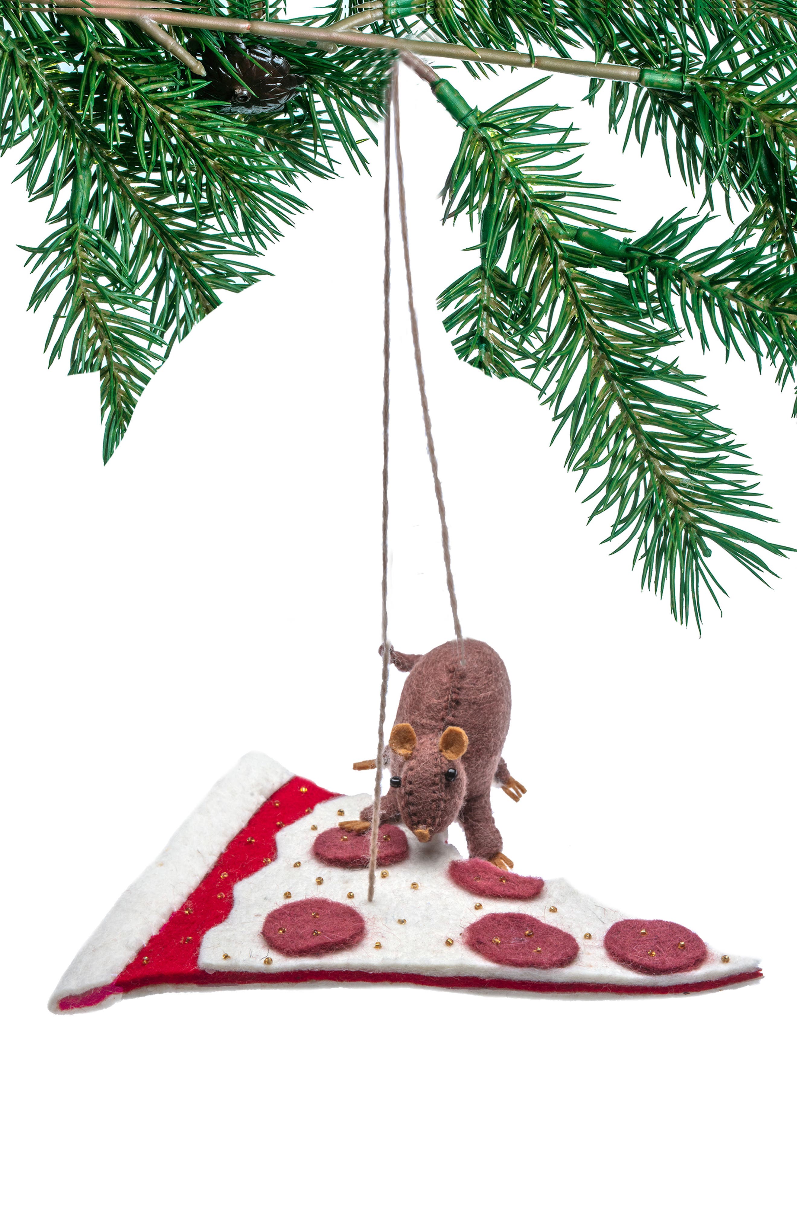 Silk Road Bazaar Handmade Baby Rat & Pizza Felt Ornament In Multi
