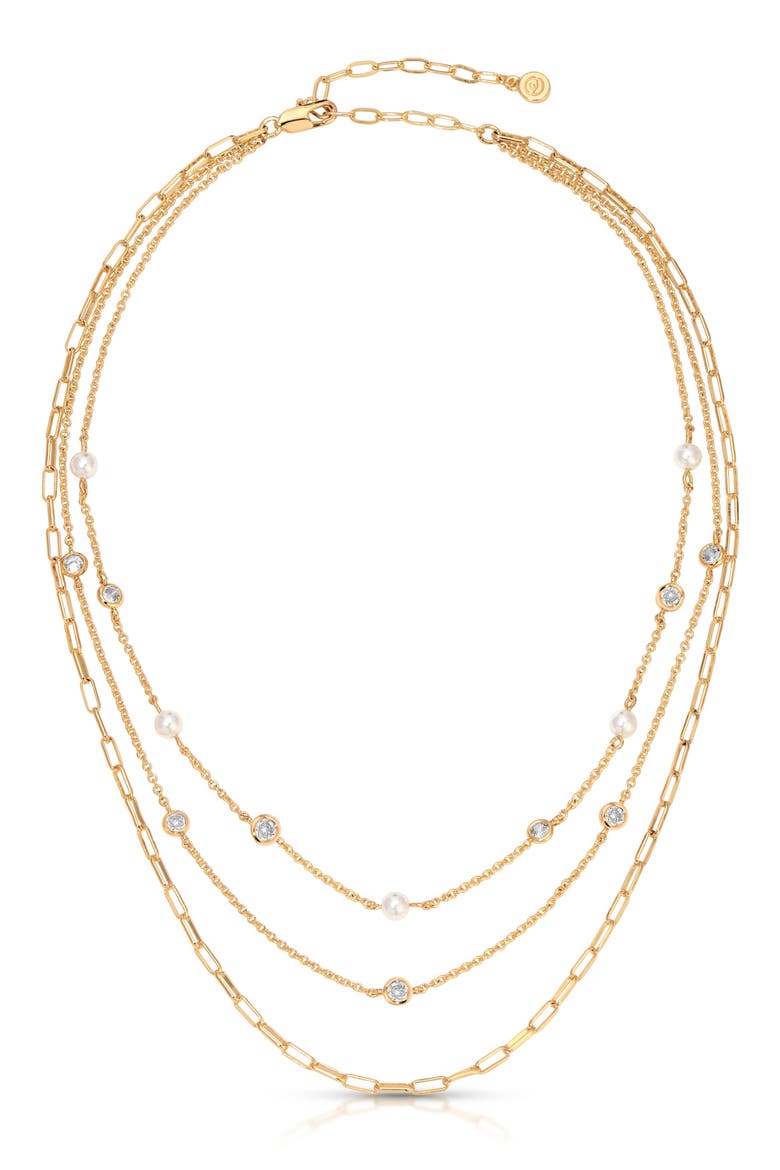Faux Pearl & Crystal Layered Station Necklace, Alternate, color, GOLD