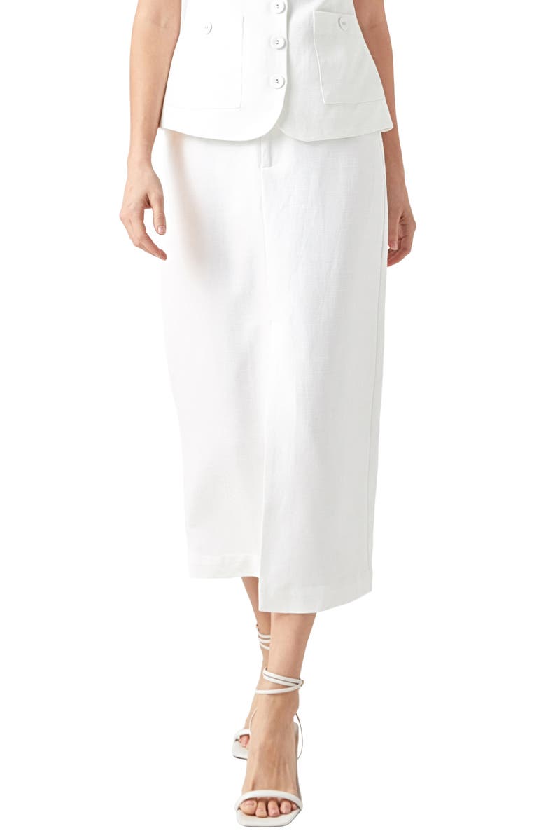 Endless Rose Front Slit Linen Blend Midi Skirt, Alternate, color, White