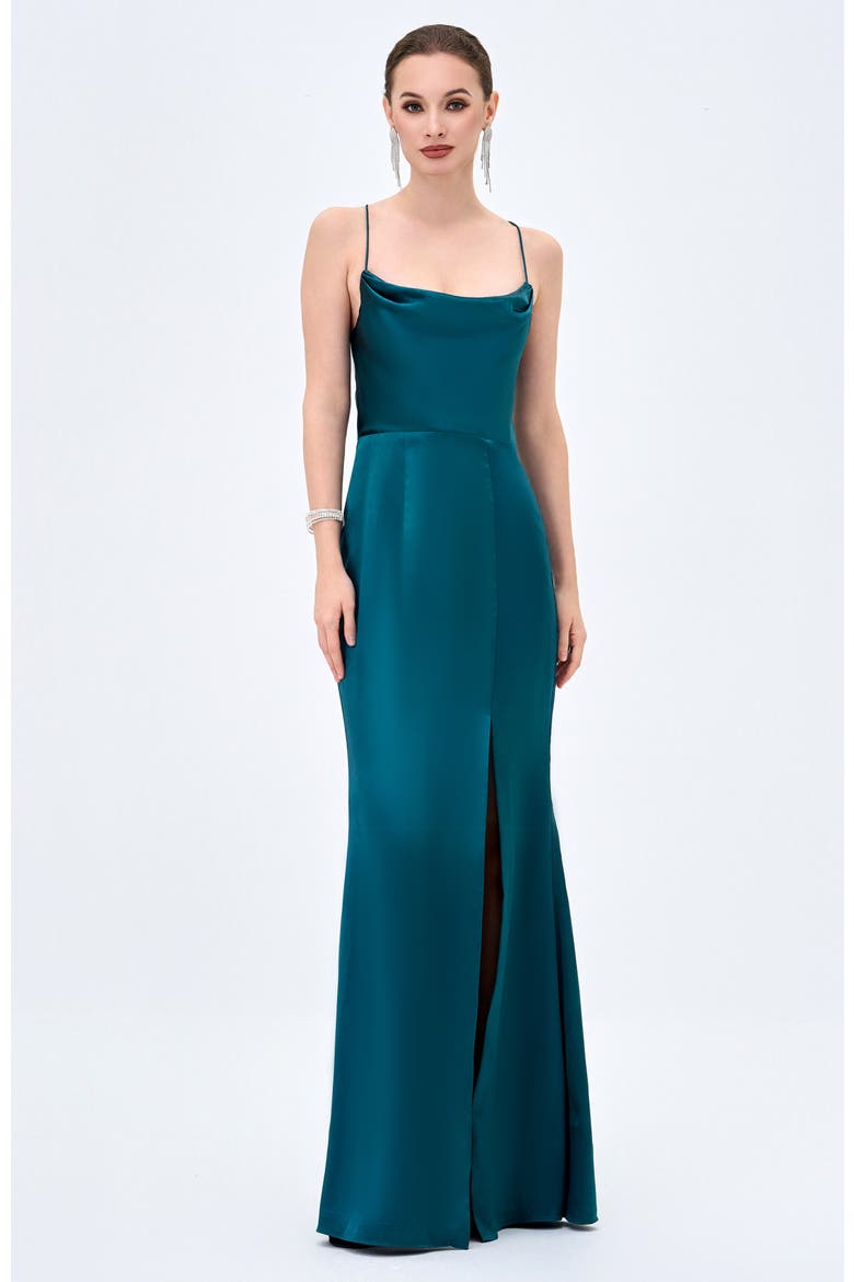 Stephanie Cowl Draped Satin Gown, Alternate, color, EMERALD