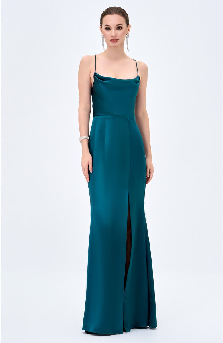 Bariano Stephanie Cowl Draped Satin Gown, Alternate, color, Emerald