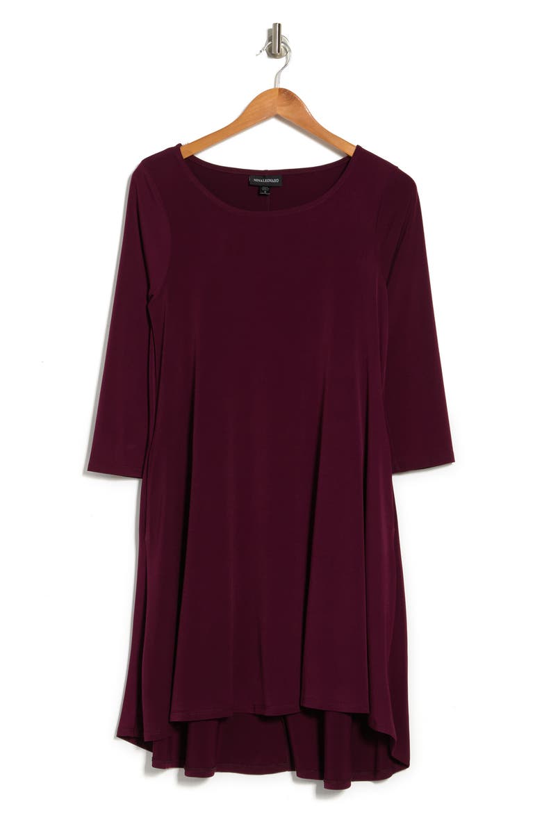 Three-Quarter Sleeve Stretch Knit Trapeze Dress, Alternate, color, DEEP WINE