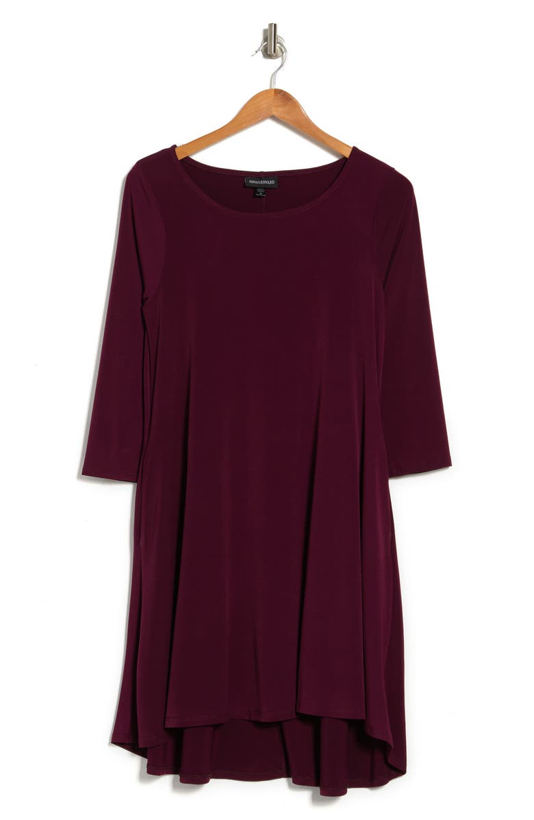 Nina Leonard Three-Quarter Sleeve Stretch Knit Trapeze Dress, Alternate, color, Deepwine
