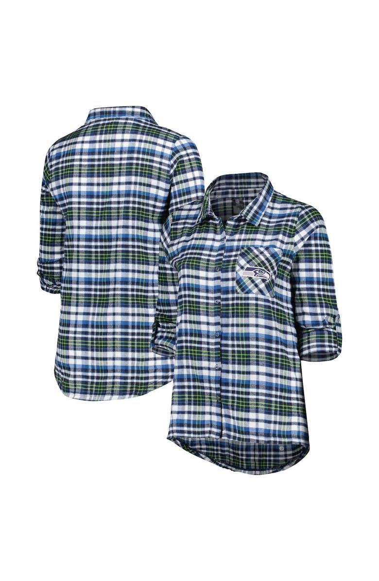 CONCEPTS SPORT Women's Concepts Sport College Navy Seattle Seahawks Plus Size Mainstay Flannel Full-Button Long Sleeve Nightshirt, Main, color, 