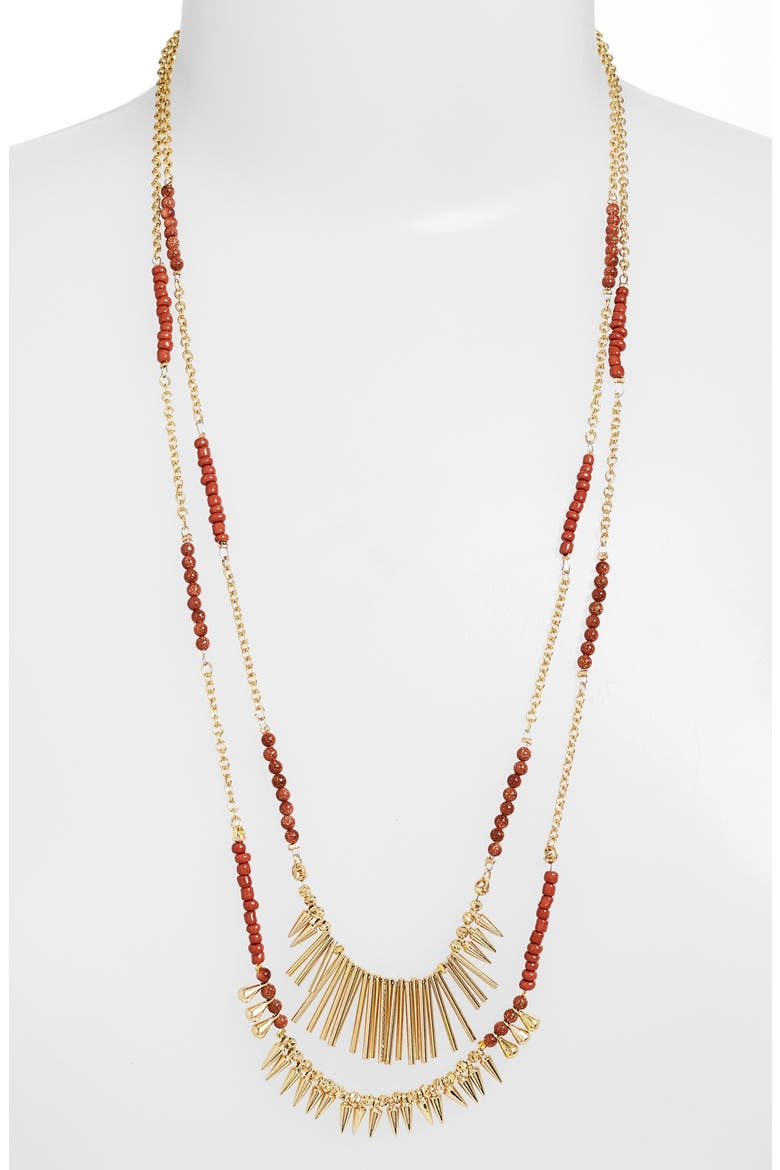 Beaded Fringed Two-Row Necklace, Main, color, BROWN GOLDSTONE/ GOLD
