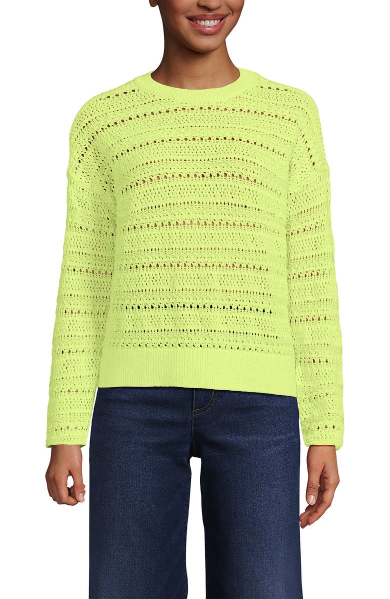Lands' End Cotton Blend Pointelle Crew Neck Sweater, Main, color, Soft Limoncello Yellow