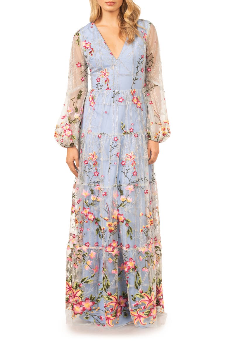 Lyra Floral Embroidery Long Sleeve Tulle Gown, Main, color, SKY MULTI
