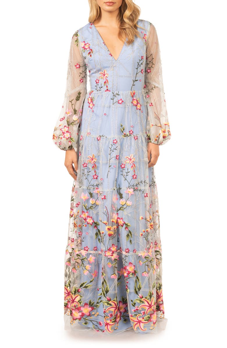 Dress the Population Lyra Floral Embroidery Long Sleeve Tulle Gown, Main, color, 