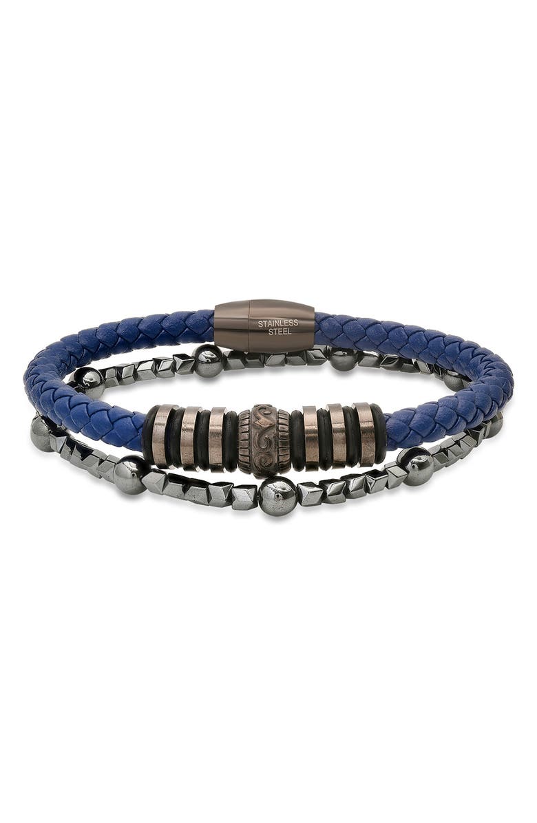 HMY JEWELRY Men's Set of 2 Assorted Howlite & Braided Leather Bracelets, Main, color, Blue Multi