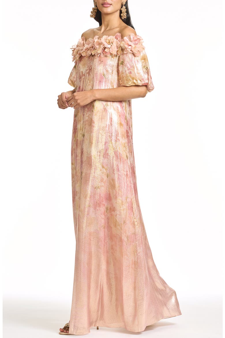 Valentina Metallic 3-D Floral Detail Off the Shoulder Gown, Alternate, color, SUNSET GARDEN