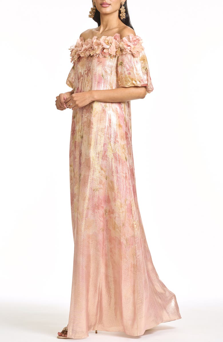 Sachin & Babi Valentina Metallic 3-D Floral Detail Off the Shoulder Gown, Alternate, color, Sunset Garden