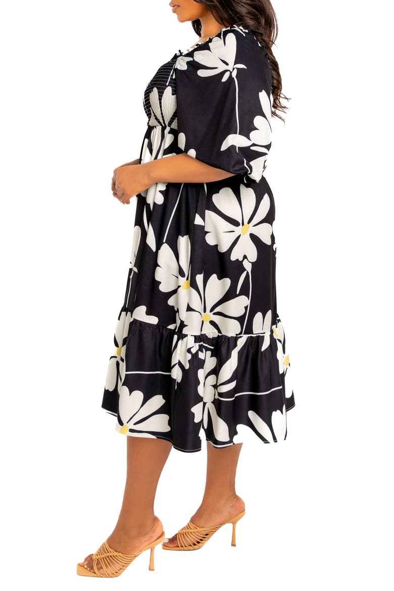 Floral Smocked Midi Dress, Alternate, color, BLACK MULTI