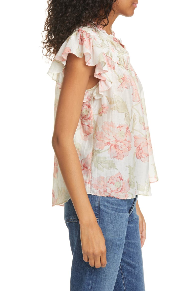 Peonies Floral Print Cotton & Silk Top, Alternate, color, CREAM COMBO
