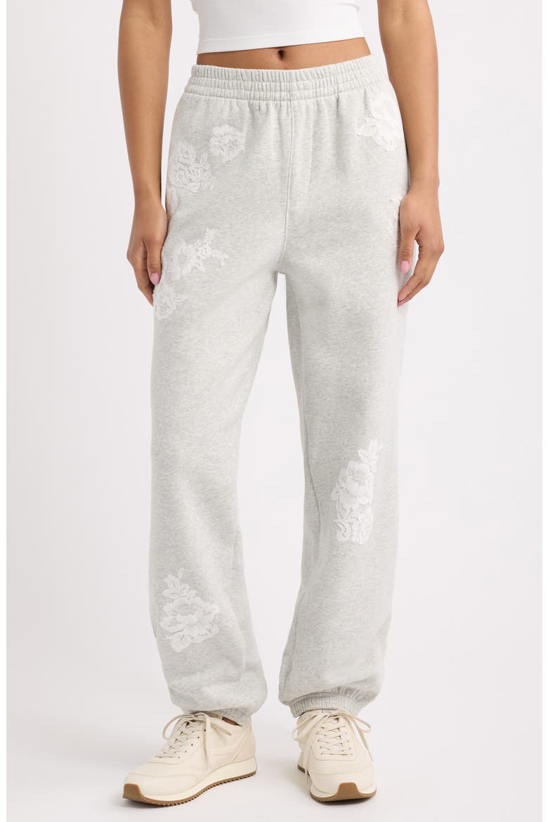 Lilia Lace Appliqué Sweatpants, Main, color, SILVER FOG HEATHER