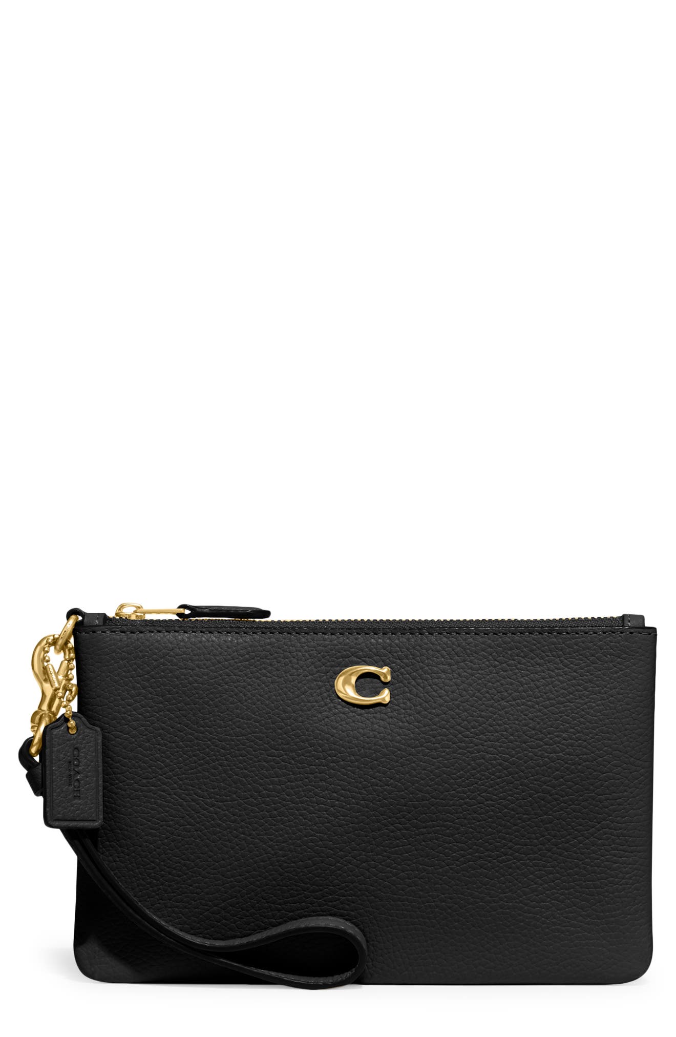 COACH Small Polished Pebbled Leather Wristlet, Main, color, Black