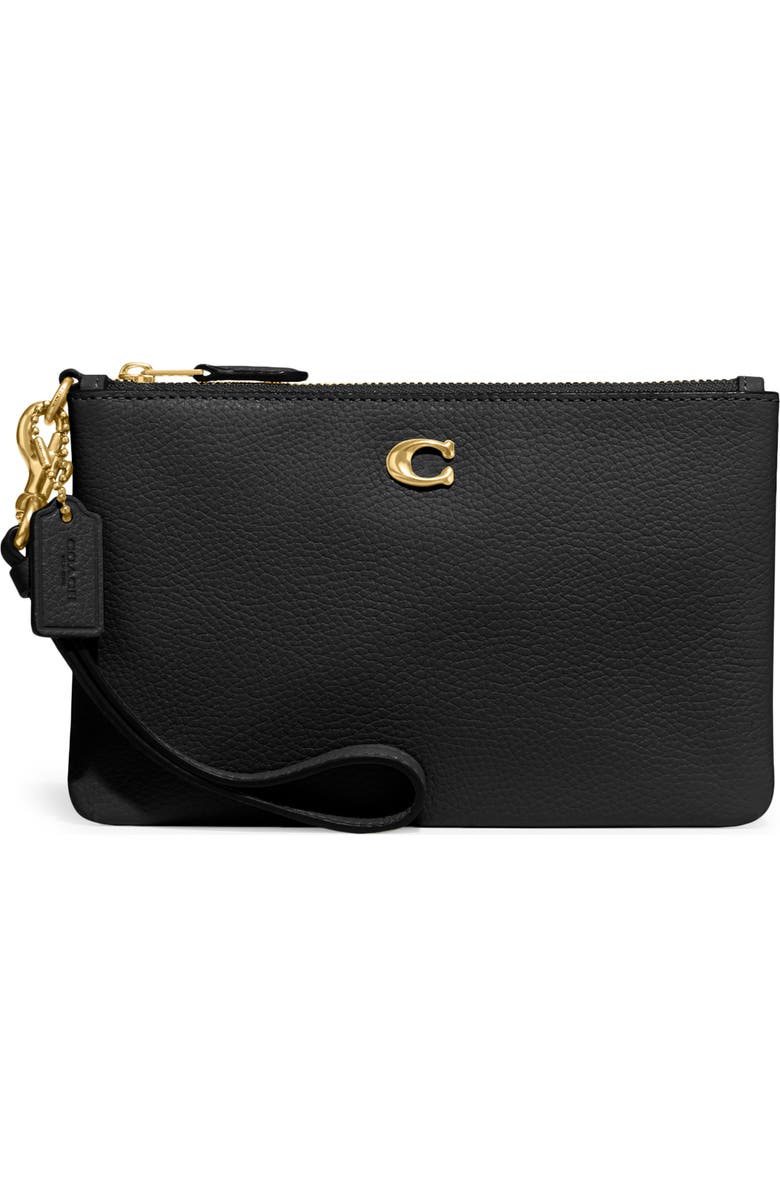 COACH Small Polished Pebbled Leather Wristlet, Main, color, Black
