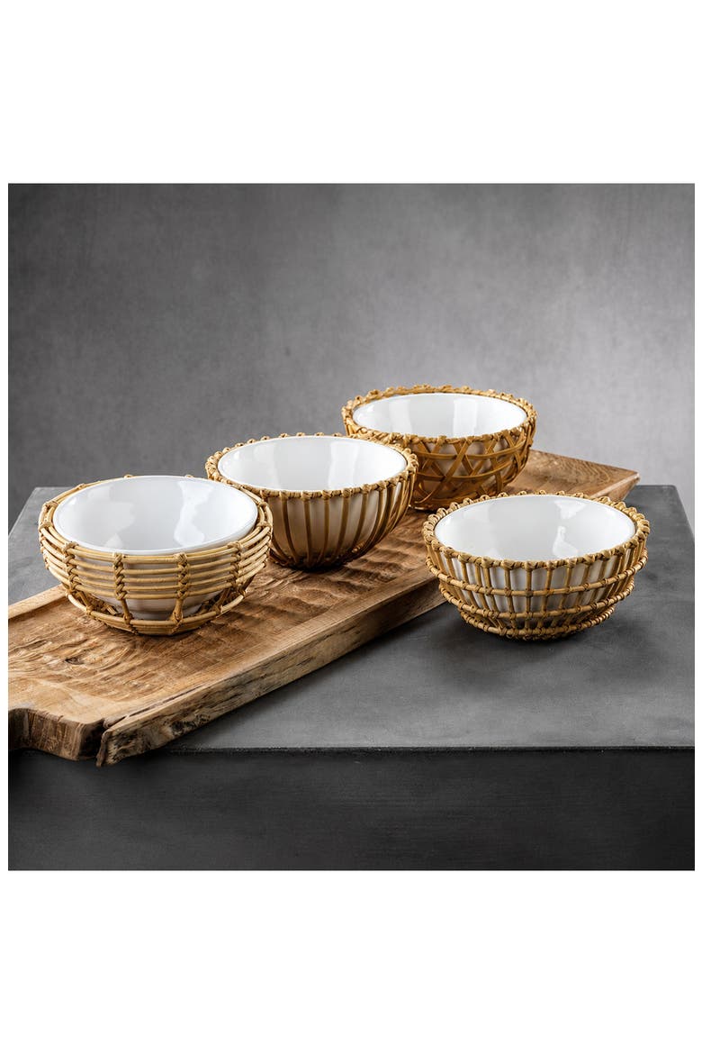 Set of 4 Wicker & Bamboo Condiment Bowls, Alternate, color, WHITE/ NATURAL