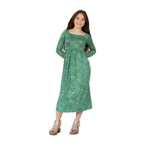 Green Print Long Sleeve Maxi Dress
