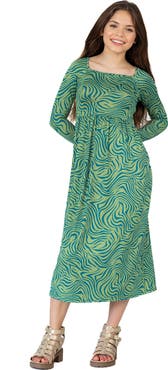 24sevenKid Green Print Long Sleeve Maxi Dress