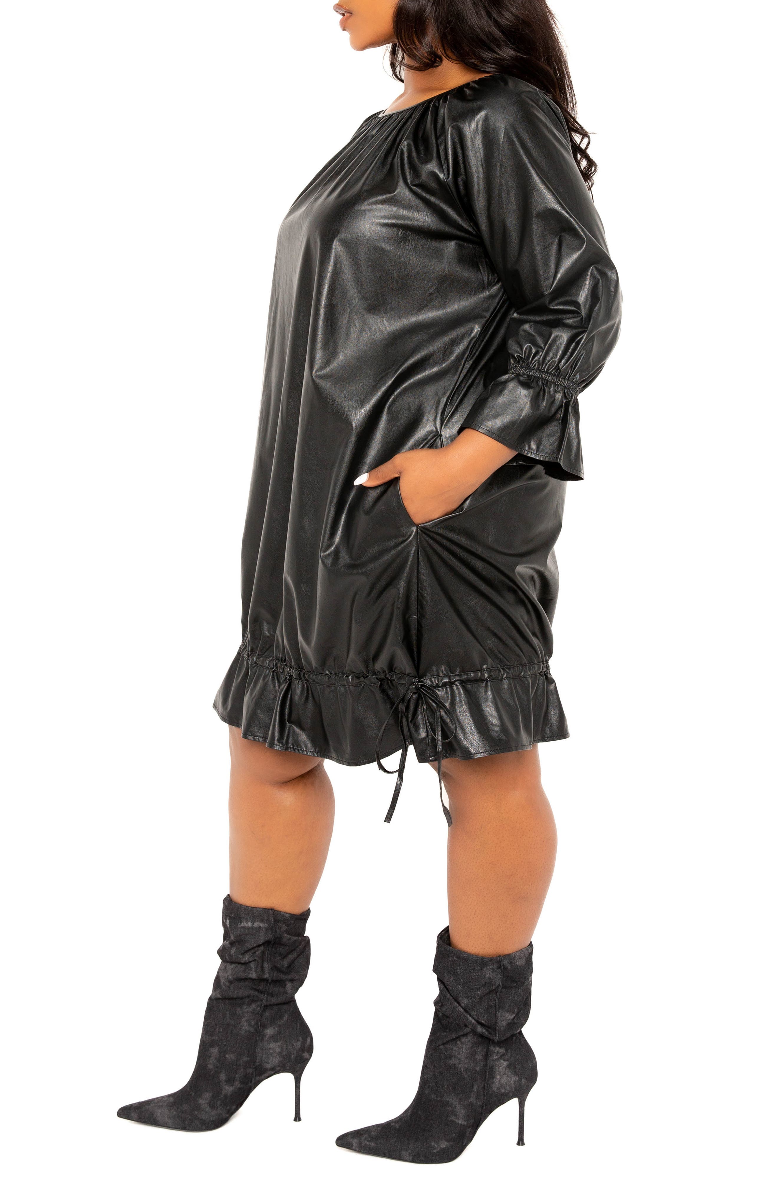 BUXOM COUTURE Drawstring Hem Faux Leather Shift Dress (Women) | Nordstrom