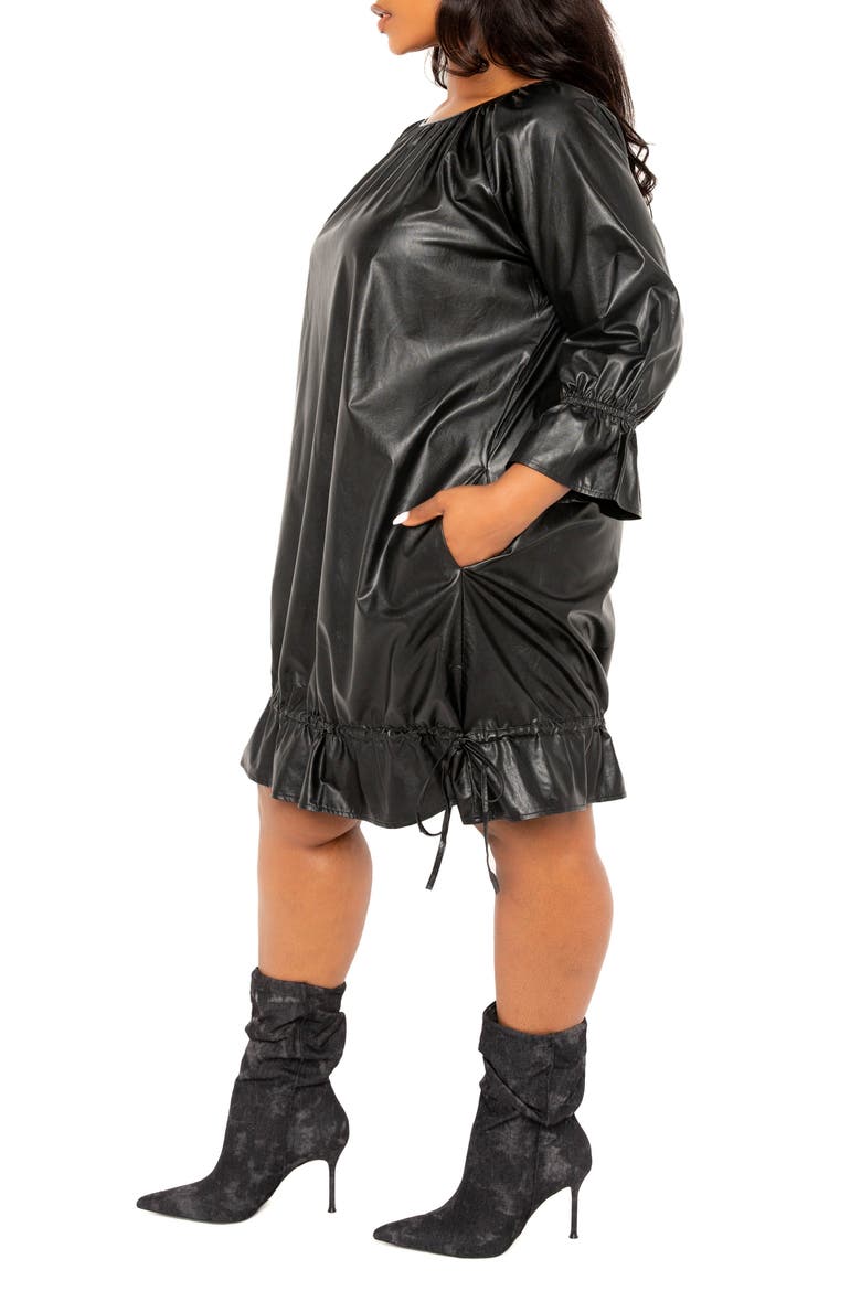 Drawstring Hem Faux Leather Shift Dress, Alternate, color, BLACK