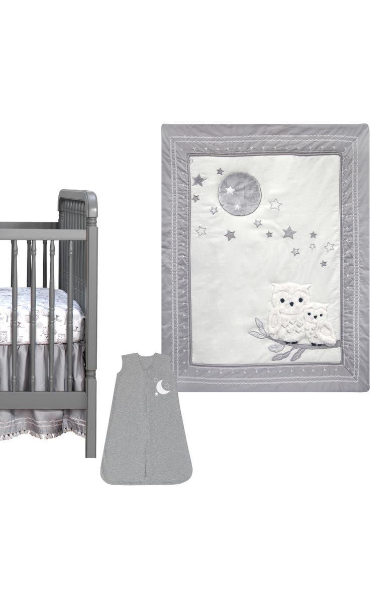 Lambs & Ivy Luna Celestial Owl 4-Piece Nursery Baby Crib Bedding Set, Main, color, Gray