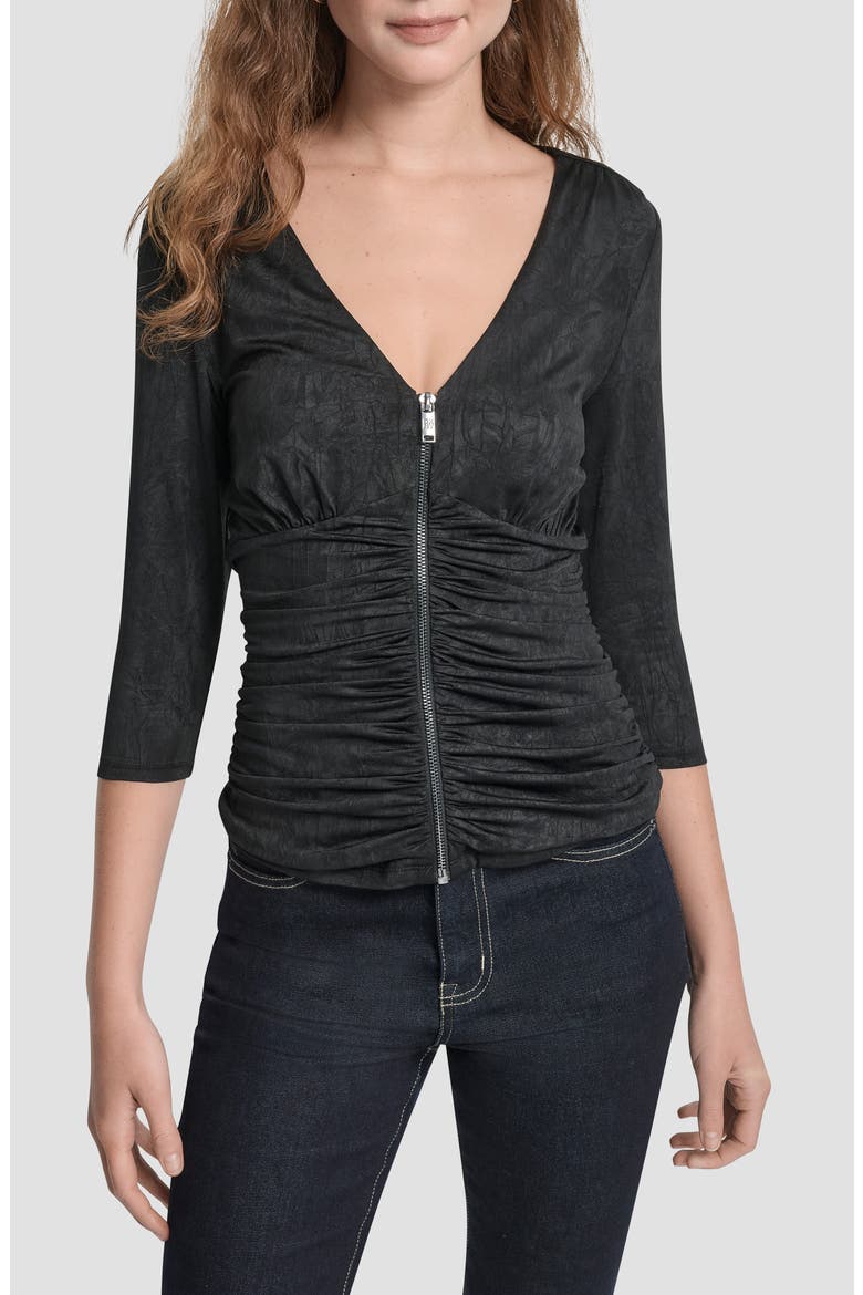 Ruched Knit Zip-Up Top, Main, color, BLACK