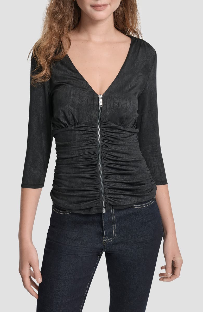 DKNY Ruched Knit Zip-Up Top, Main, color, Black