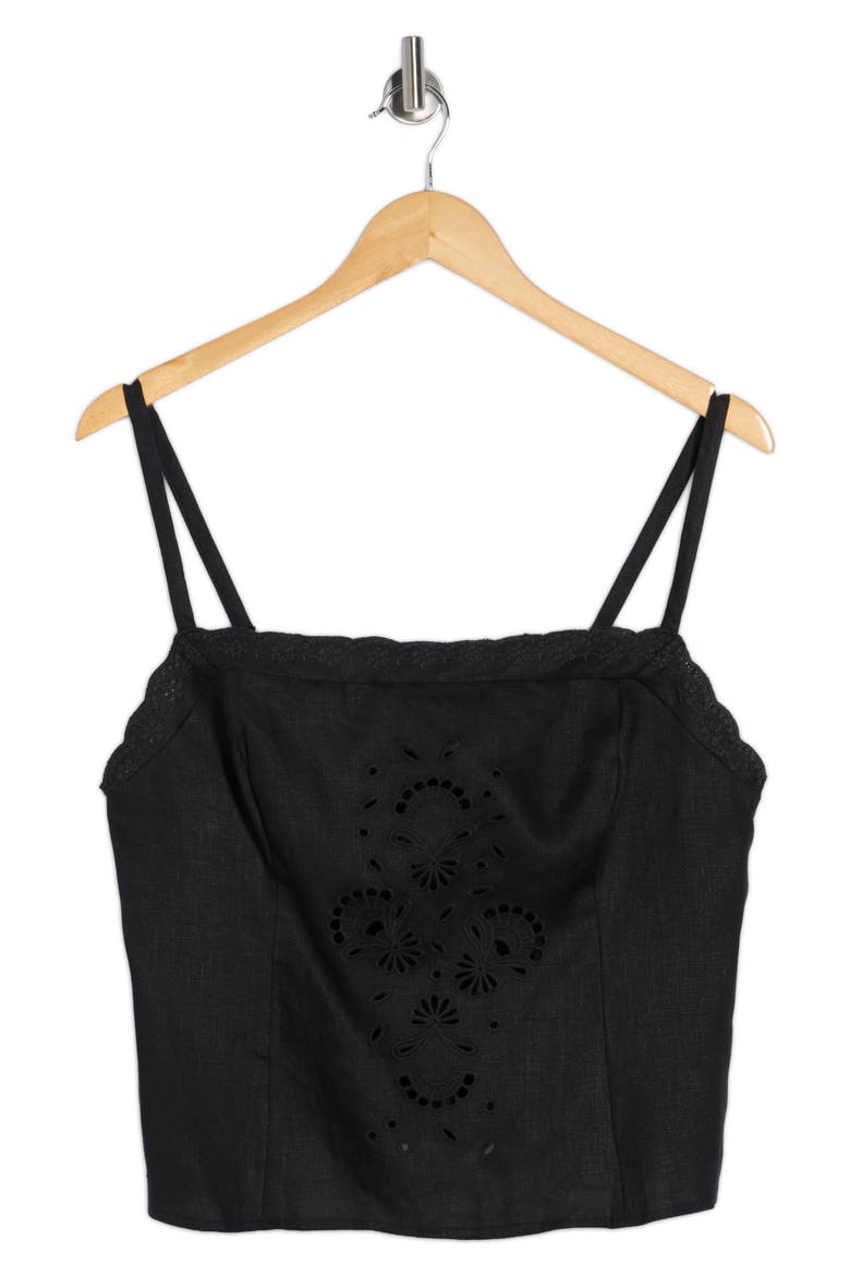 Eva Embroidered Eyelet Linen Crop Camisole, Main, color, BLACK