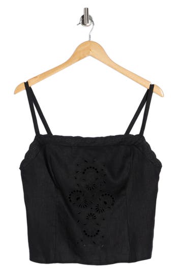 Reformation Eva Embroidered Eyelet Linen Crop Camisole In Black