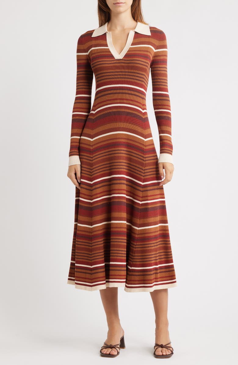 MOON RIVER Stripe Long Sleeve Midi Sweater Dress, Main, color, Beige Multi