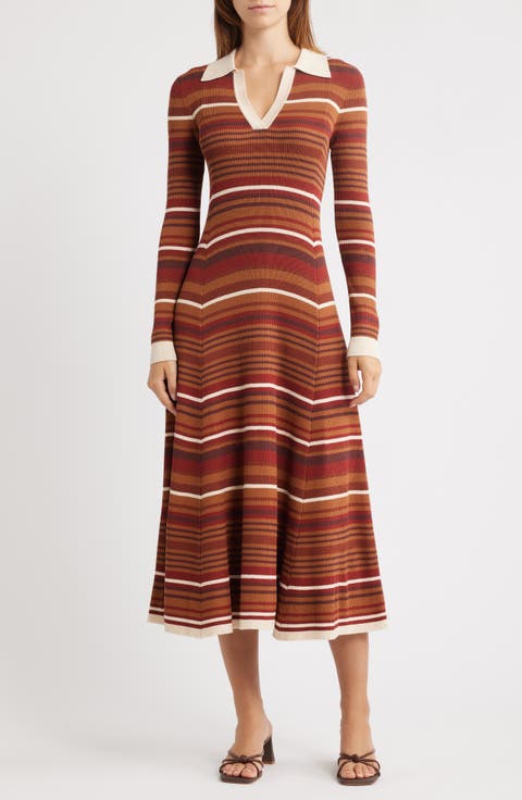Stripe Long Sleeve Midi Sweater Dress